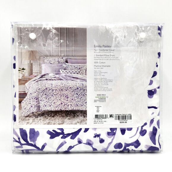 Sky Emilia White/Lilac 100% Cotton Paisley Boho Duvet/Pillow Sham Set Size Twin - Picture 5 of 6